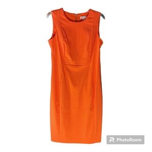 NWT Calvin Klein Ladies Sz.12, Sleeveless, Orange & White Poke-A-Dot Dress.